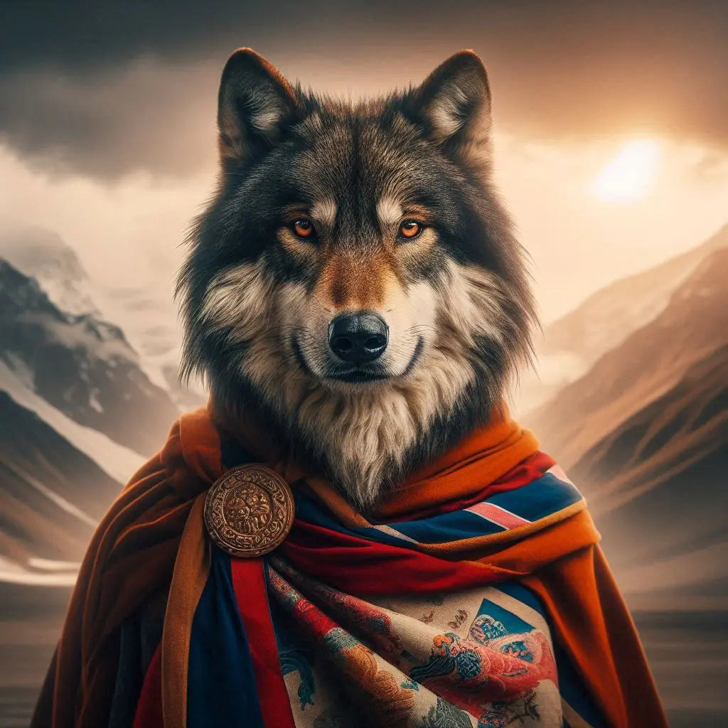 Wolf wearing a colorful robe with a mountainous background