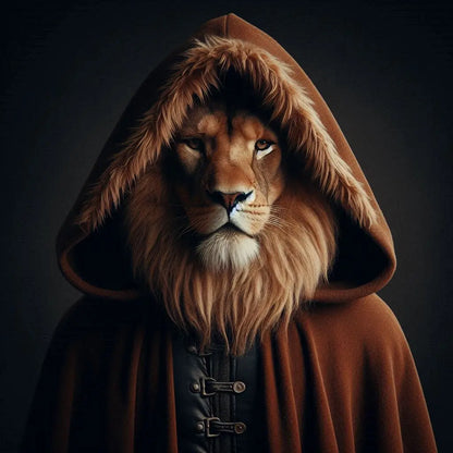 Lion's head with a hooded cloak on a dark background
