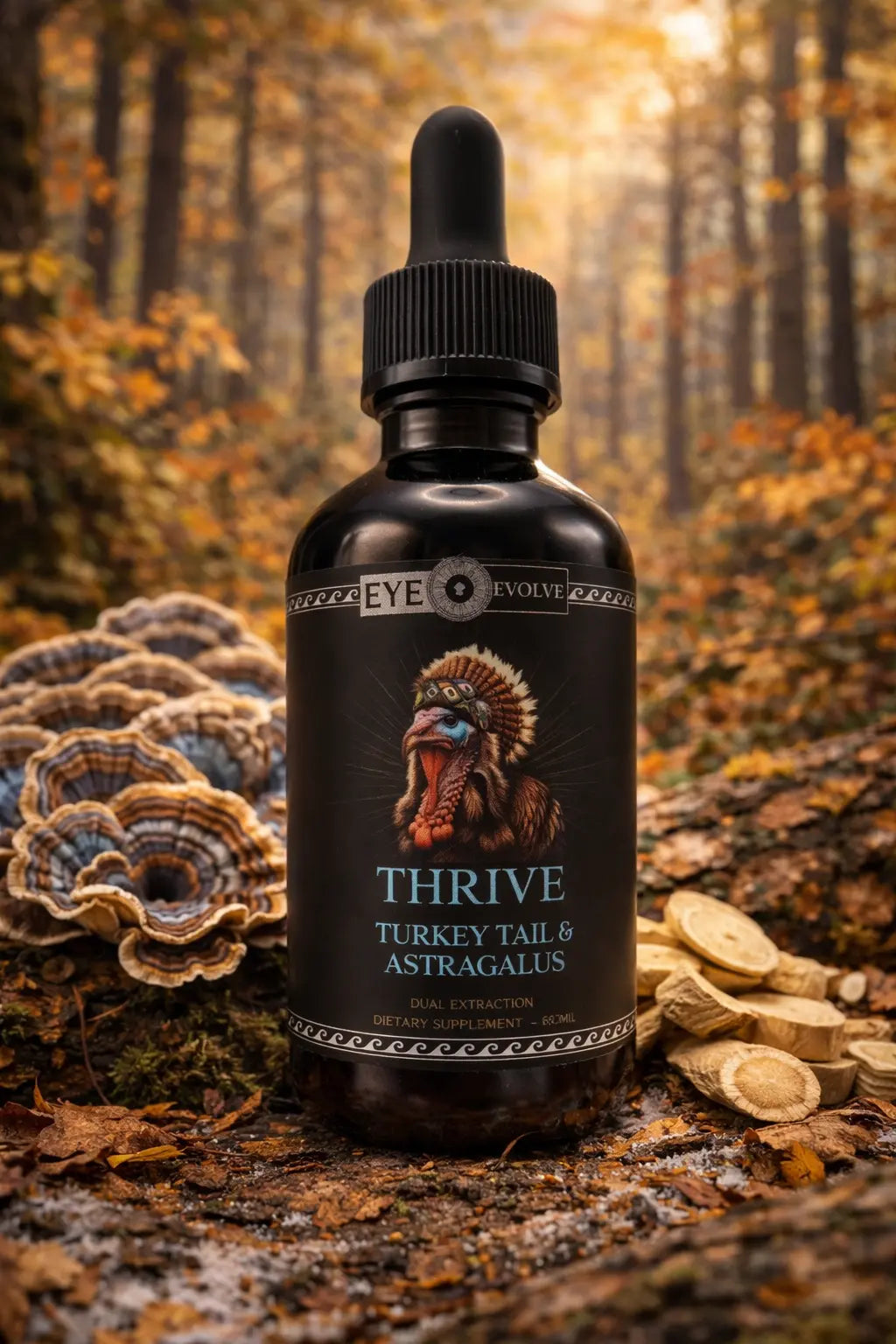 Bottle of 'Thrive' supplement with turkey and astragalus on a forest background