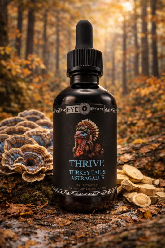 Bottle of 'Thrive' supplement with turkey and astragalus on a forest background