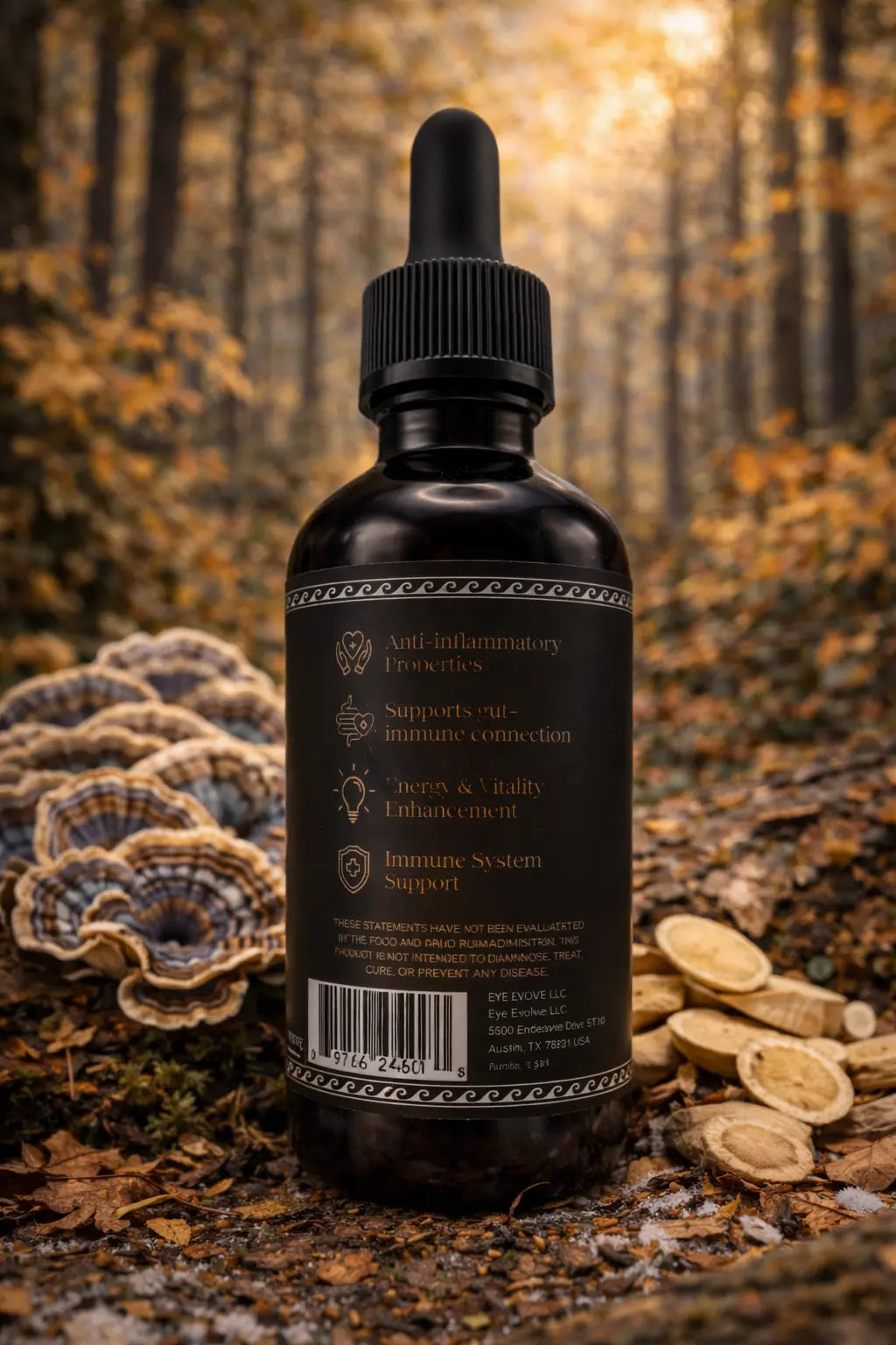 Black bottle with dropper on a forest floor background