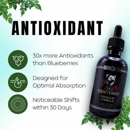 Bottle of 'Centered Chaga & Vanilla' with antioxidant benefits text and graphics on a light blue background.