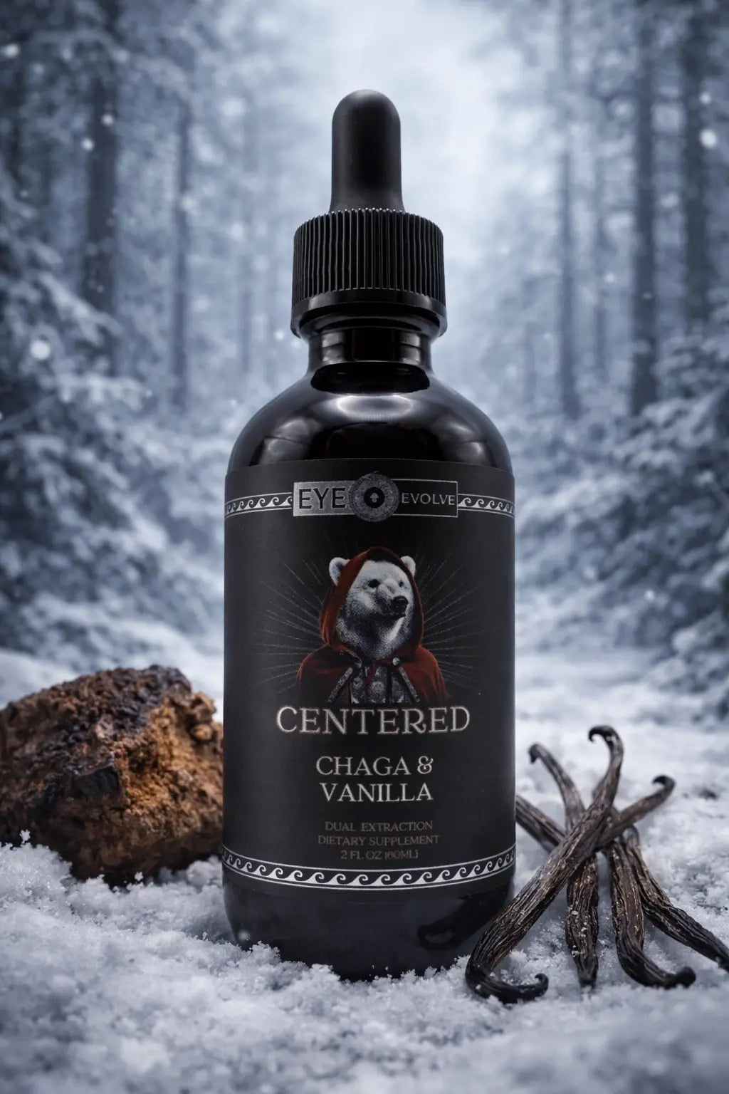 Bottle of 'Centered Chaga & Vanilla' extract with a snowy forest background