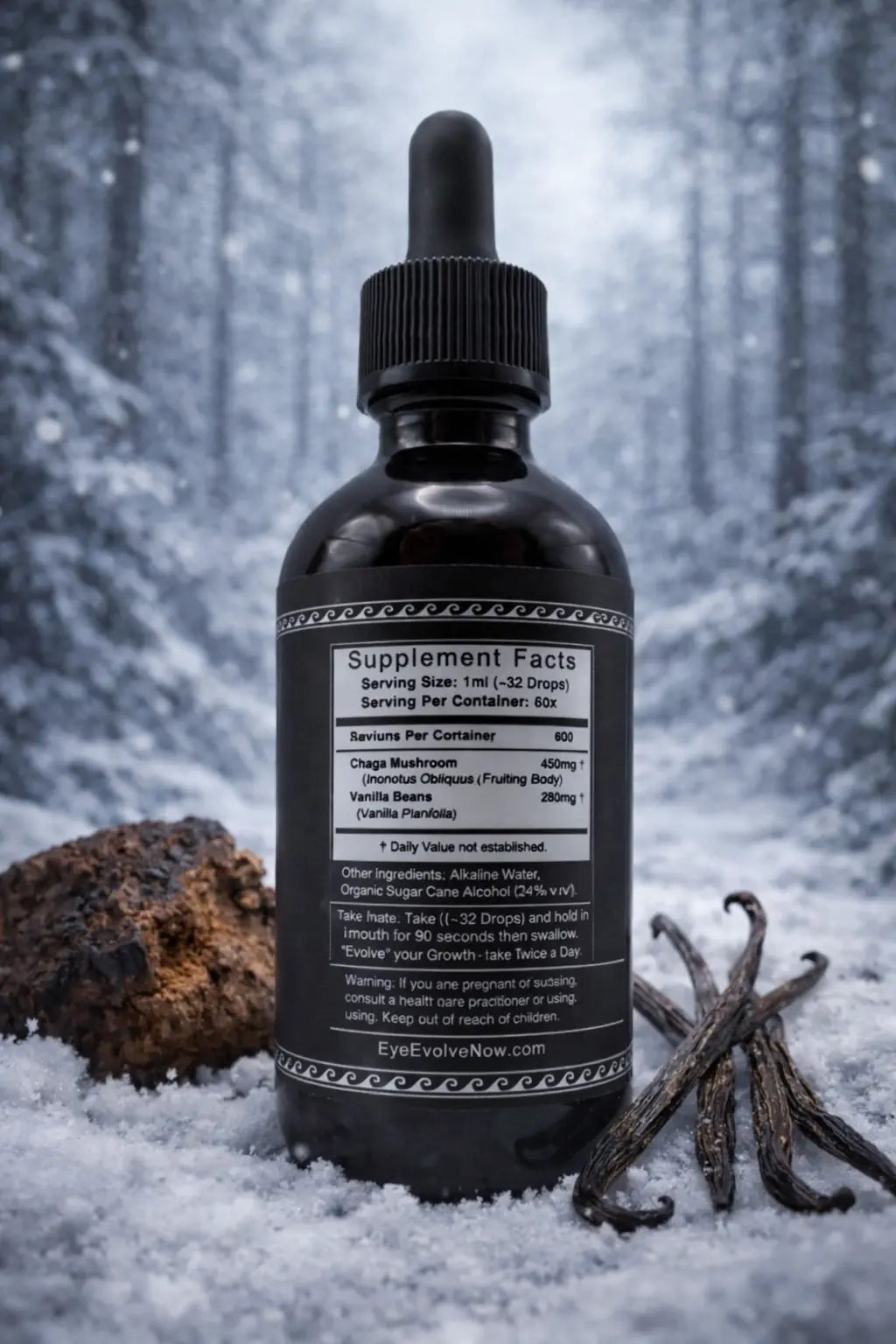 Supplement bottle with dropper labeled 'Eyebright Now' in a snowy forest setting