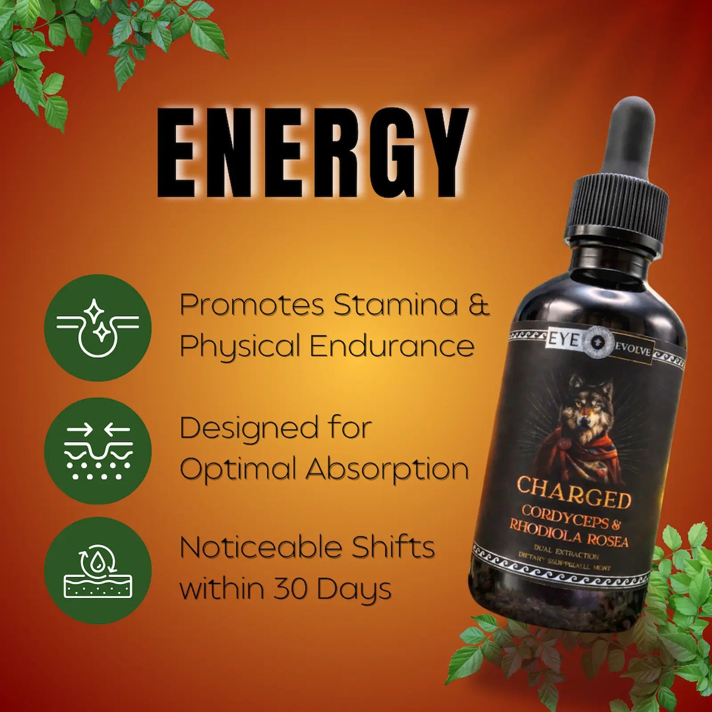Bottle of 'Charged' supplement with text on an orange background
