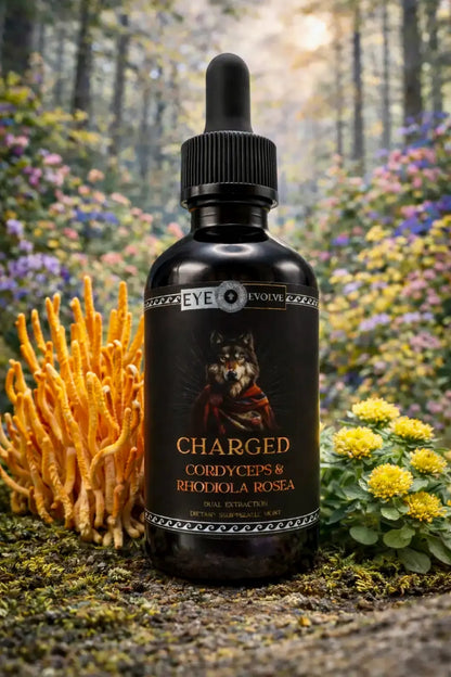 Bottle of 'Charged' cordyceps and rhodiola rosea supplement with a forest background