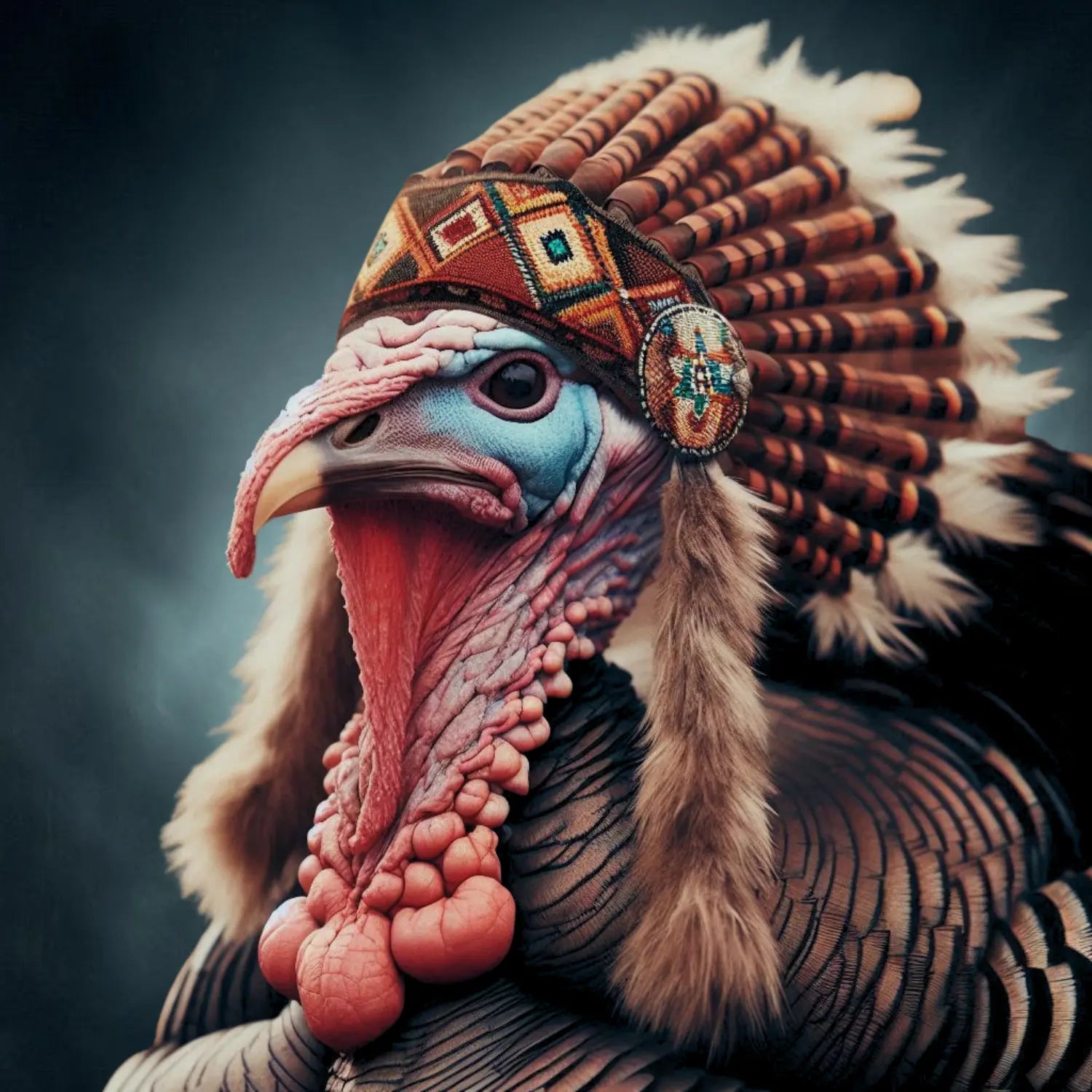 Turkey wearing a headdress with intricate patterns on a dark background