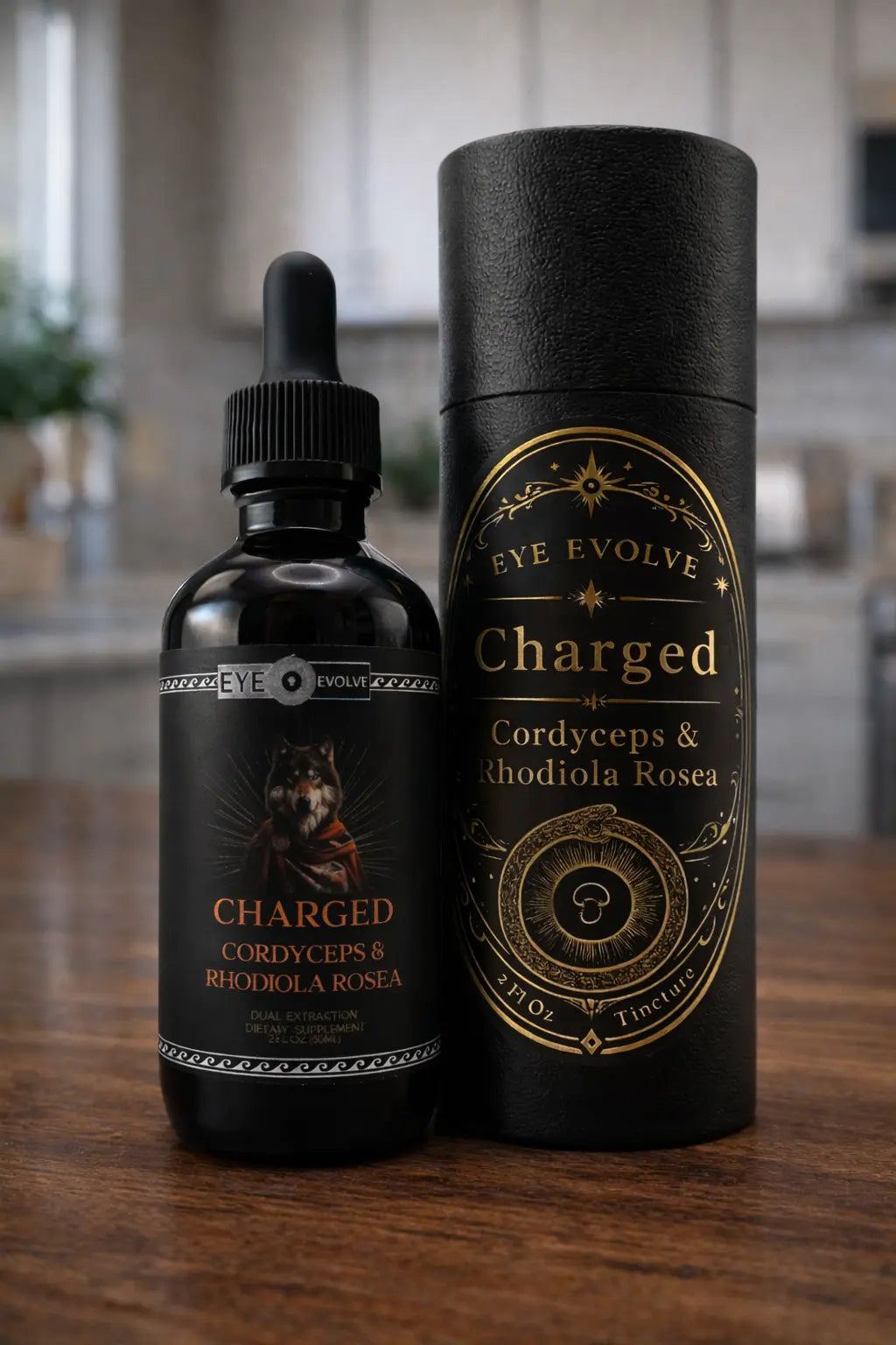 Two black bottles with labels on a wooden surface