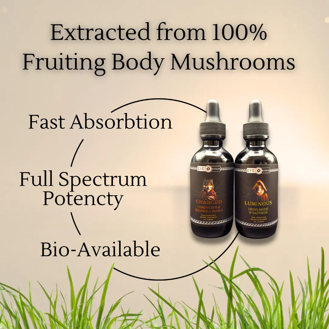 Two bottles of a mushroom extract product with text highlighting its properties on a light background.