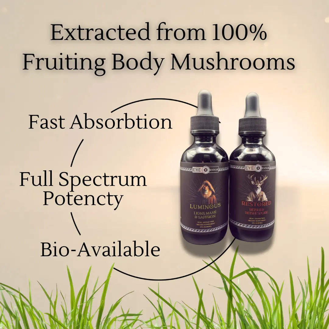 Two bottles of a natural product with text highlighting benefits on a beige background.