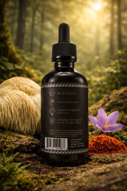 Black bottle with dropper on a forest background