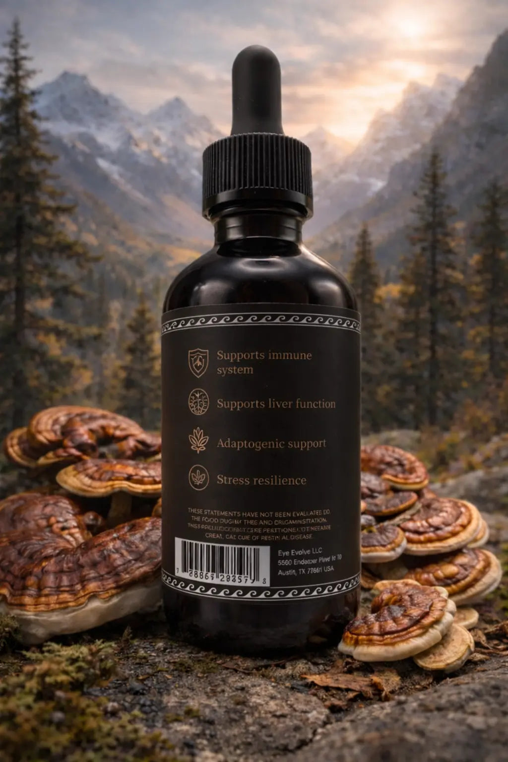 Black bottle with dropper on a mountain background
