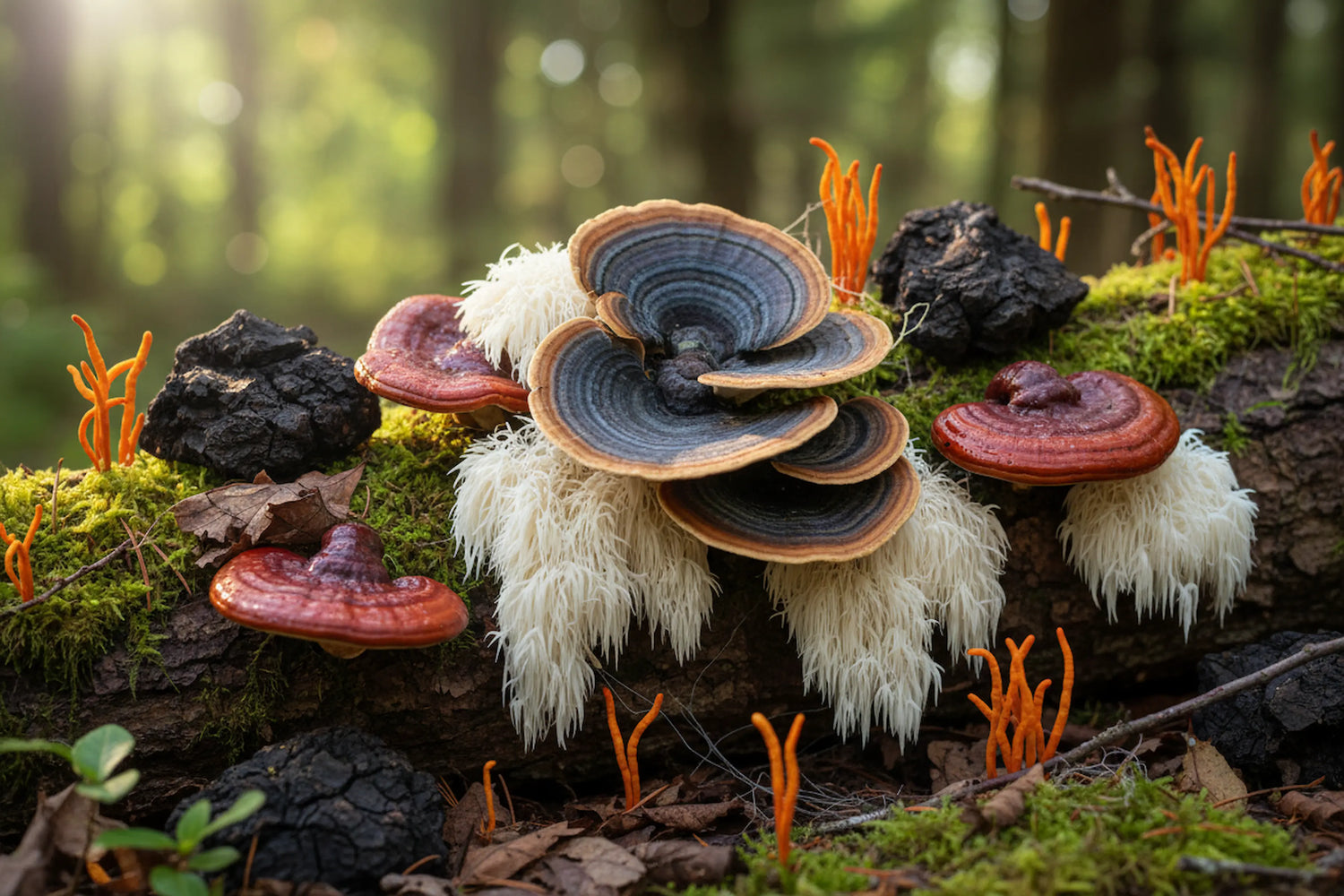 Colorful mushrooms on a forest floor with blurred background