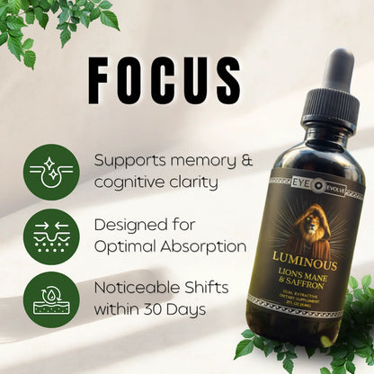 Bottle of Luminous Lions Mane & Saffron with product features on a light background