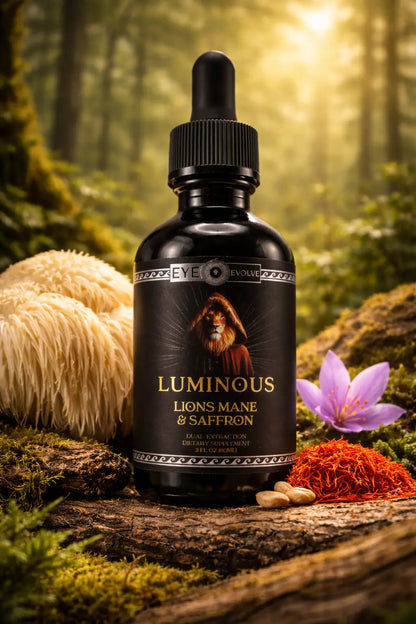 Bottle of Luminous Lions Mane & Saffron supplement in a forest setting