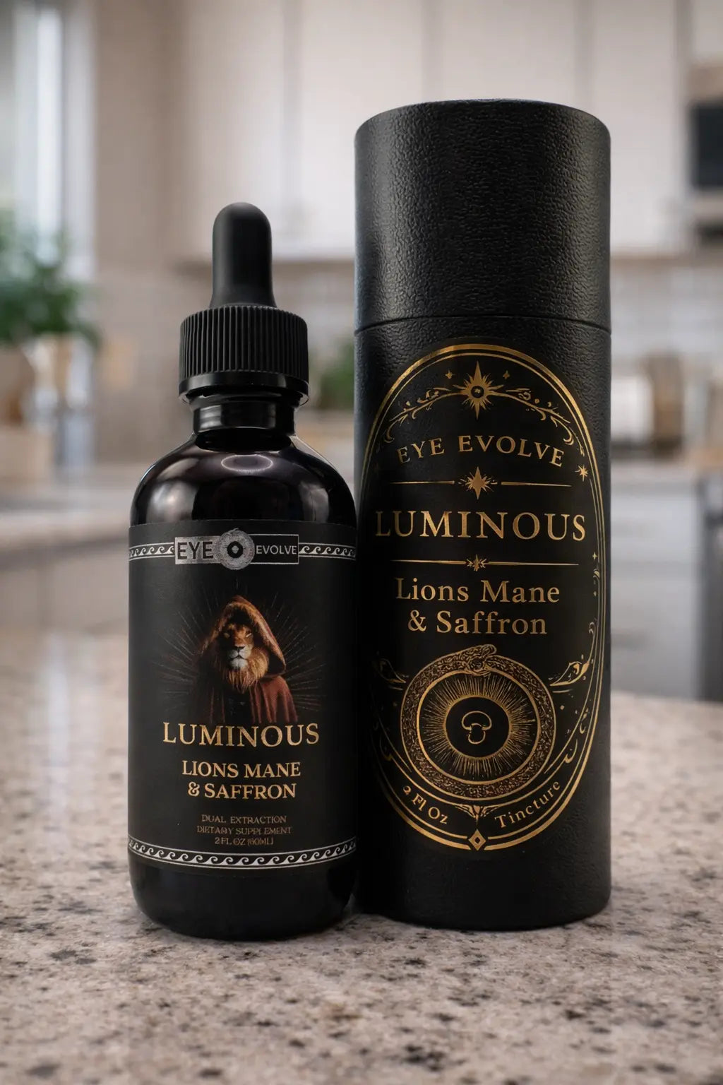 Two black bottles labeled 'Luminous Lions Mane & Saffron' by 'Eye Evolve' on a countertop.