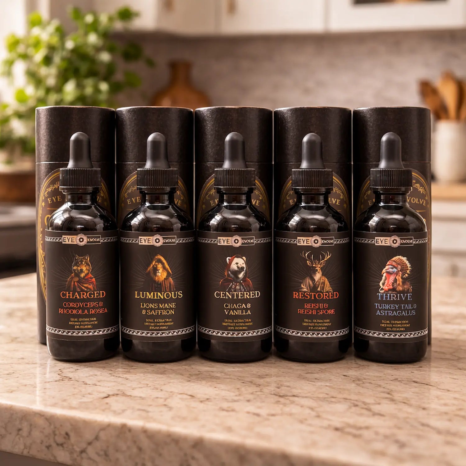 All 5 of Eye Evolve Mushroom tinctures on counter top