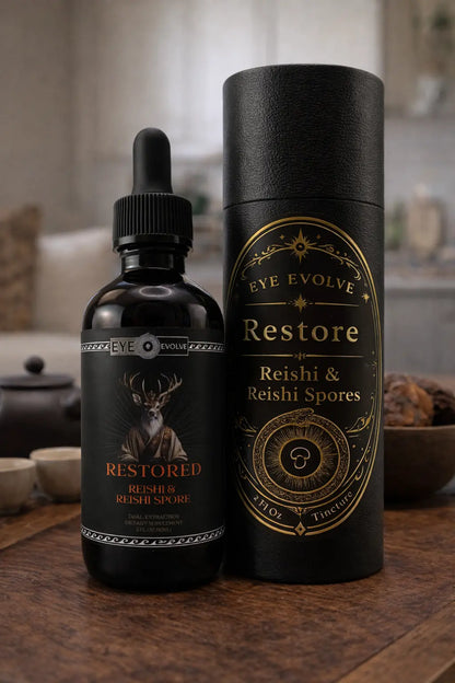 Bottle and tube of 'Eye Evolve Restore' with gold text on a wooden surface.