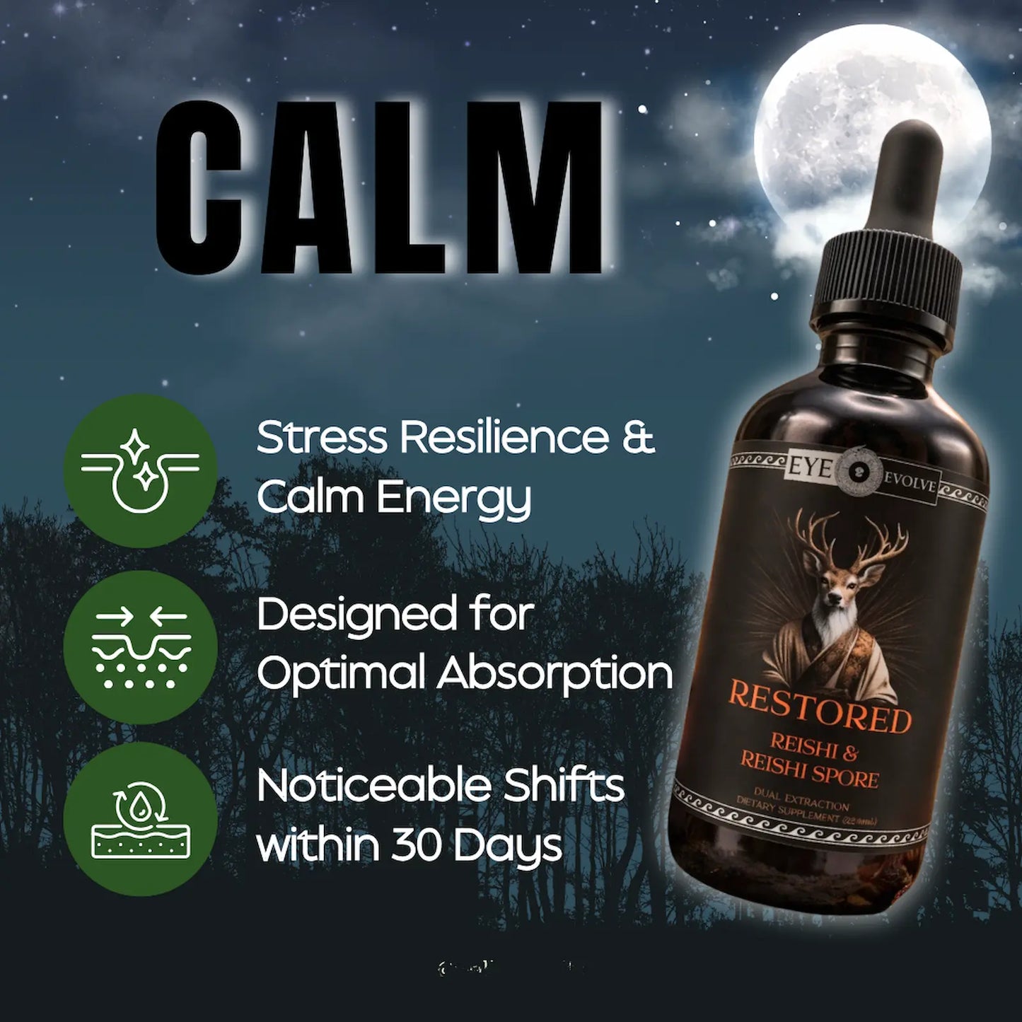 Bottle of 'Restored' supplement with night sky and moon background