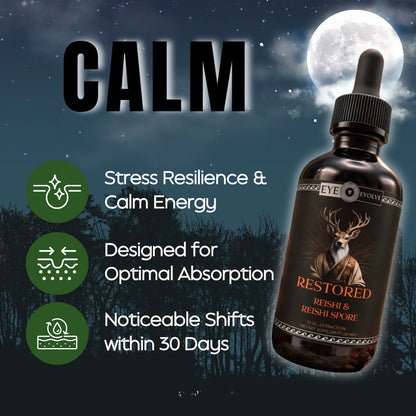 Bottle of 'Restored' supplement with night sky and moon background
