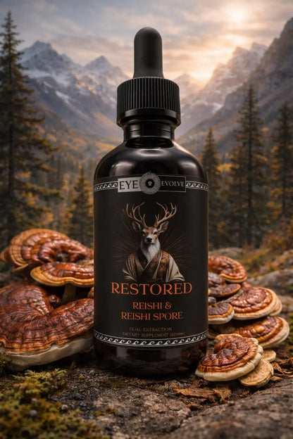 Bottle of 'Restored Reishi & Reishi Spore' with a mountainous background