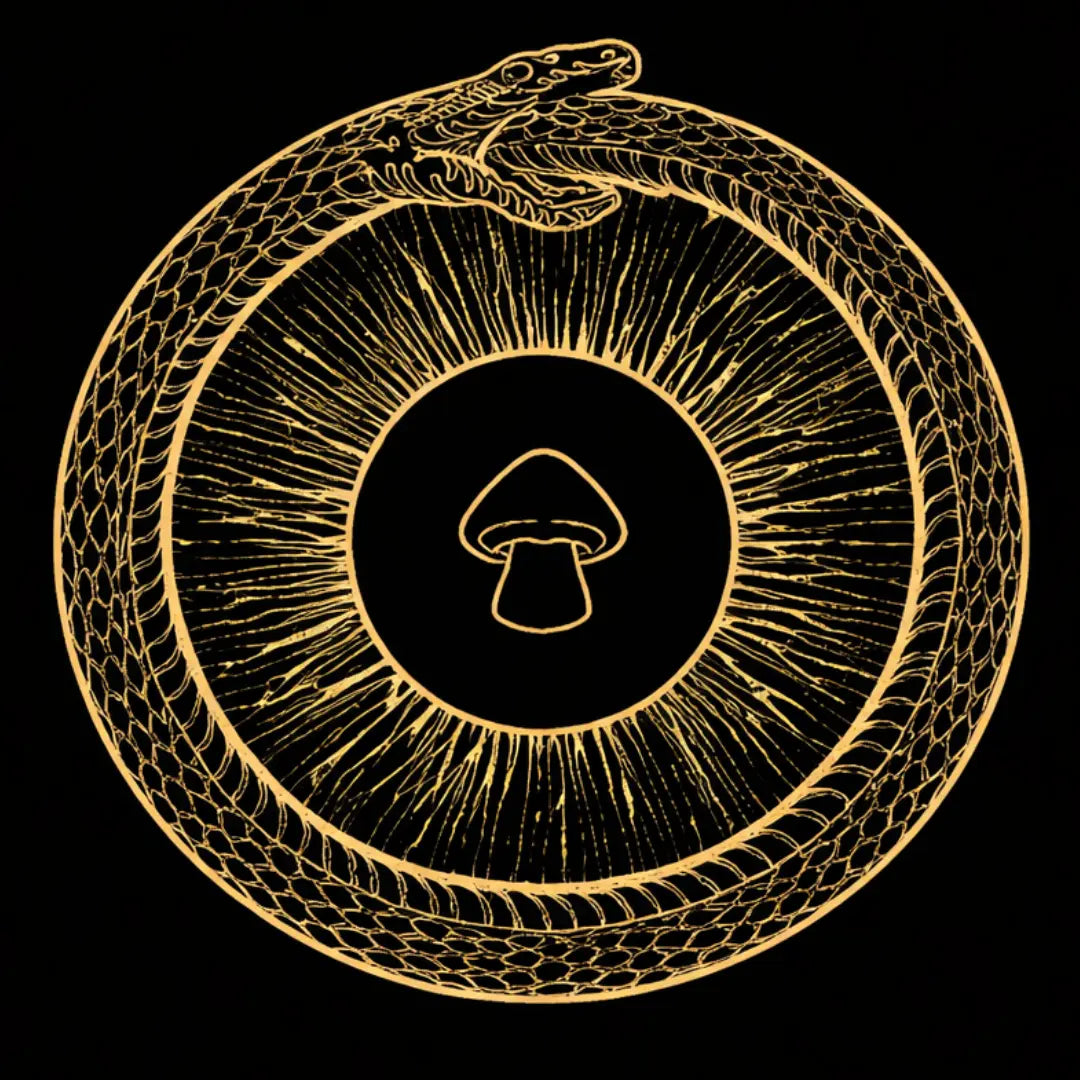 Eye Evolve- Gold snake coiled around a black circle with a mushroom symbol on a black background