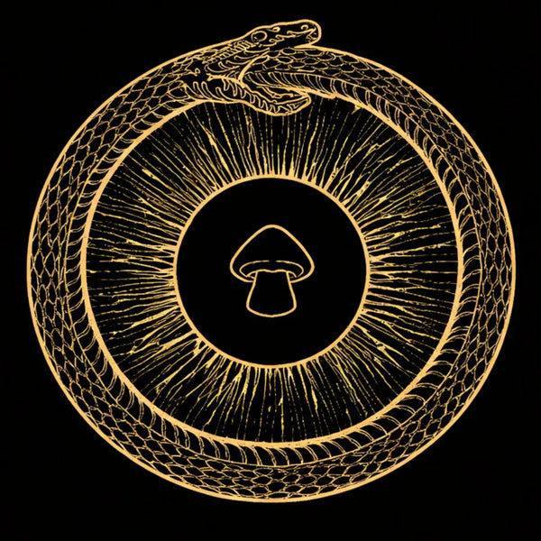Eye Evolve- Gold snake coiled around a black circle with a mushroom symbol on a black background