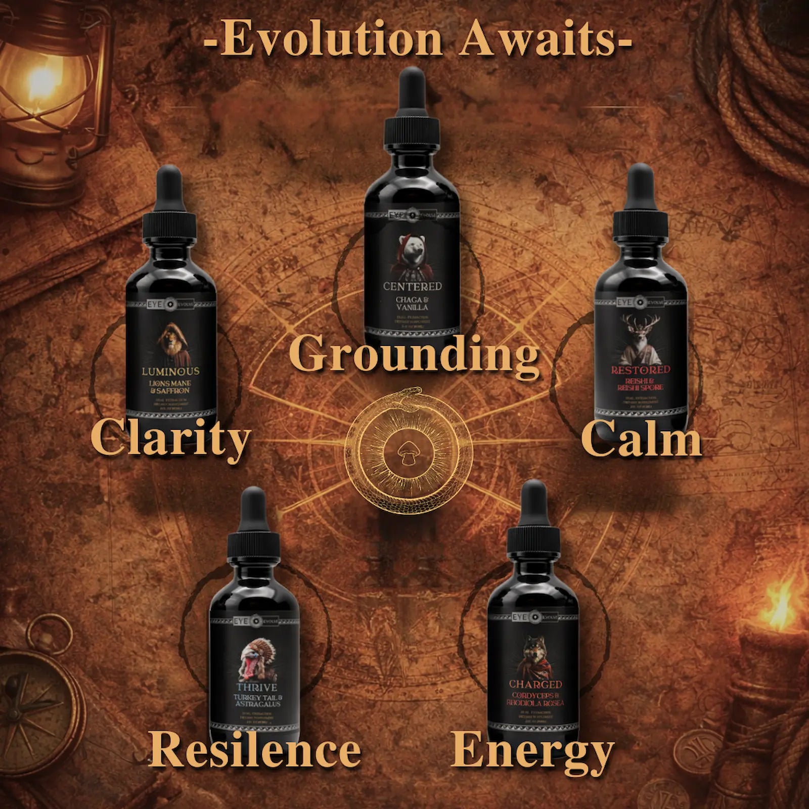 Five bottles of a product with labels 'Clarity', 'Grounding', 'Calm', 'Resilience', and 'Energy' on a vintage map background.