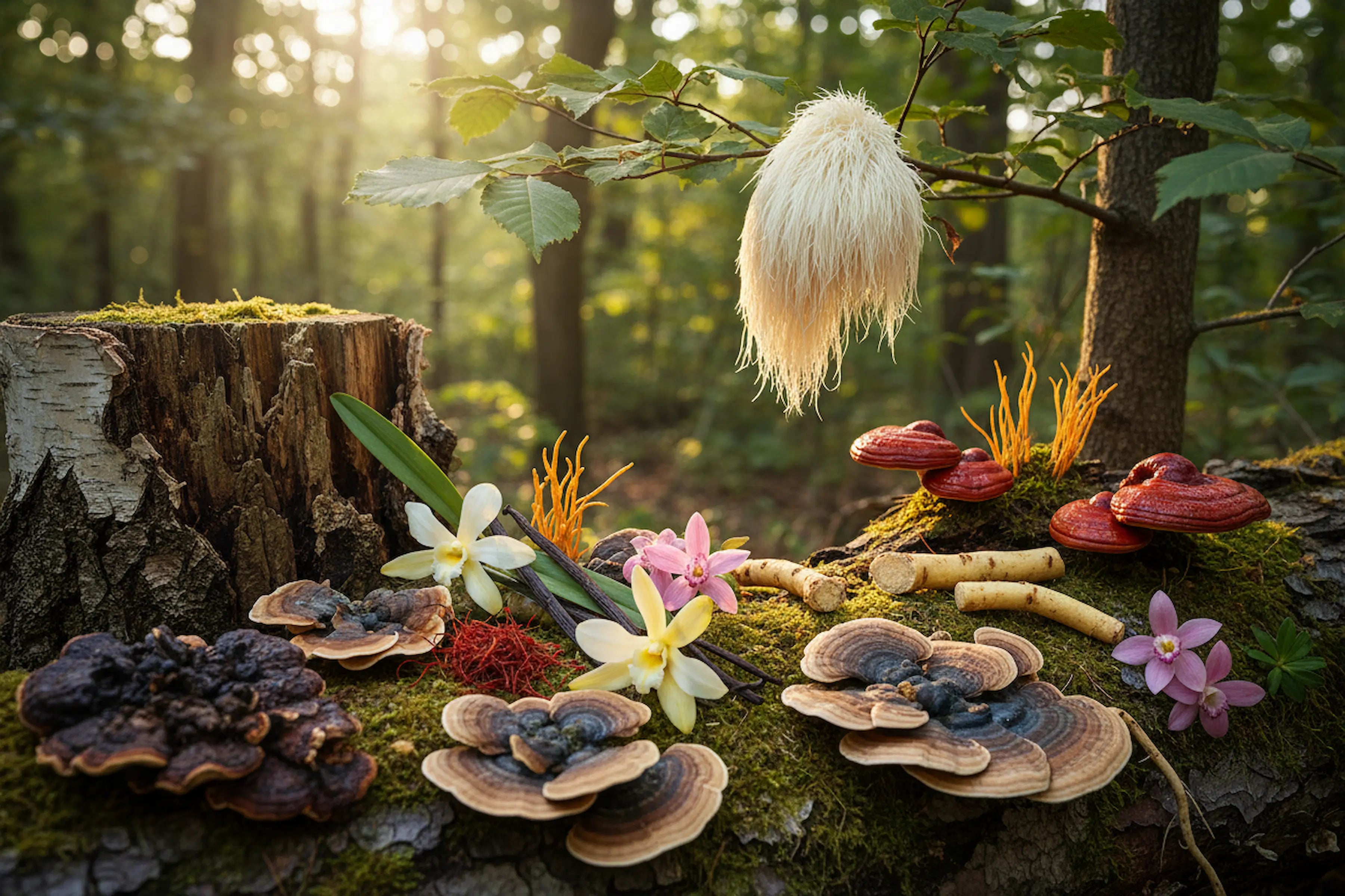Colorful mushrooms and flowers on a forest floor with a tree stump and foliage.