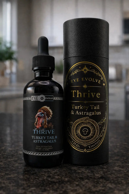 Black bottle and cylindrical container with 'Thrive' branding on a dark surface.