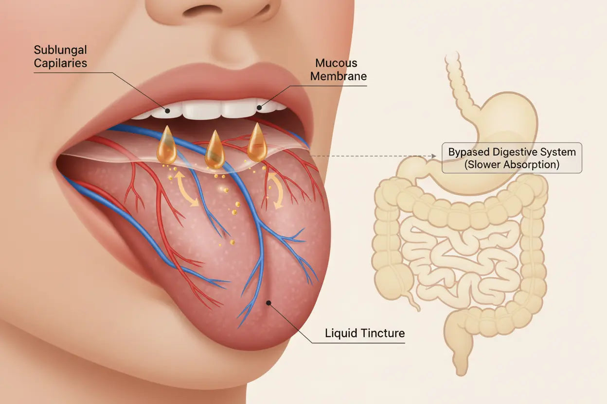 Diagram of a tongue with labeled parts and an inset of a bypassed digestive system.