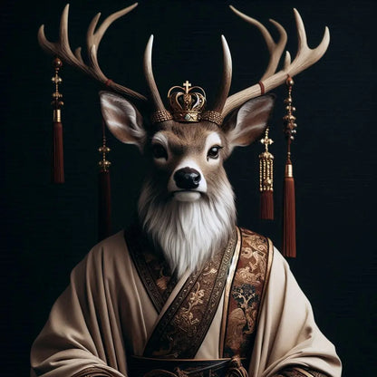 Deer with a crown and ornate robes against a dark background