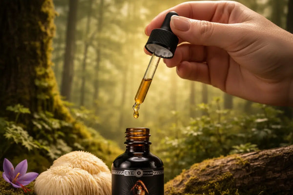 Lions mane tincture with golden liquid from dropper in a Forrest 