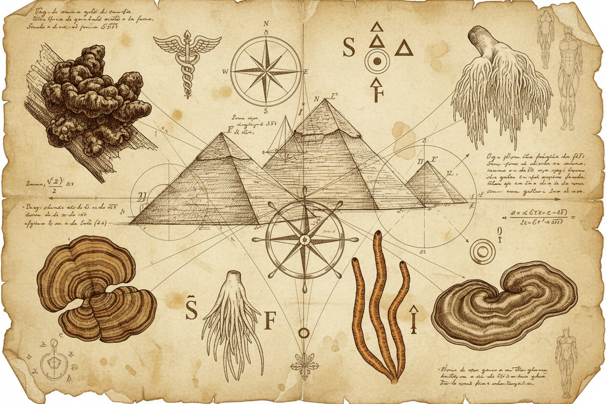 da vinci style drawing including pyramids, nautical signs, alchemist signs and these foloowing mushrooms ( chaga- lions mane- turkey tail - cordyceps - reishi)