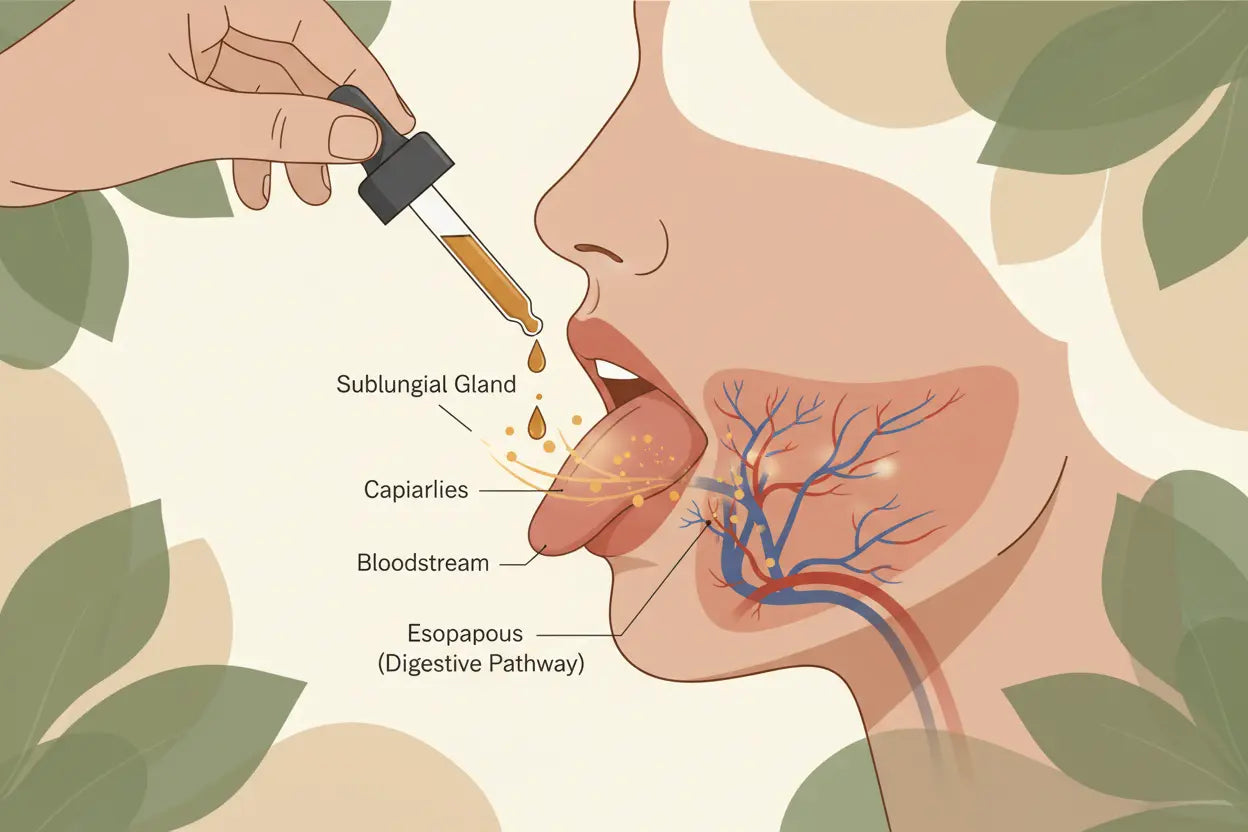 Illustration of a person receiving a dropper with a liquid near their mouth, showing the sublingual gland and digestive pathway.