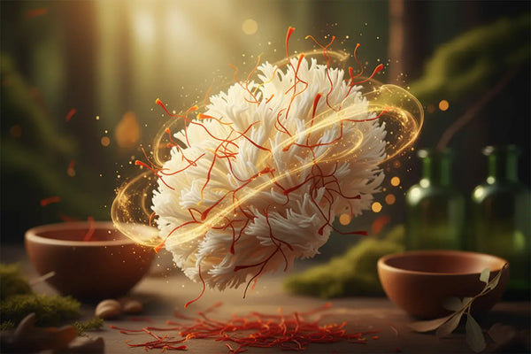Mushroom with red threads on a table with bottles and bowls in a warm, blurred background