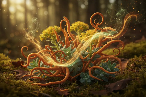Mushroom with glowing roots in a forest setting