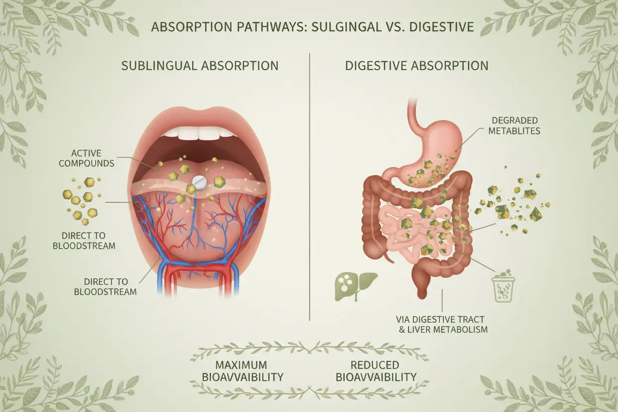 Diagram comparing sublingual absorption and digestive absorption with botanical elements.
