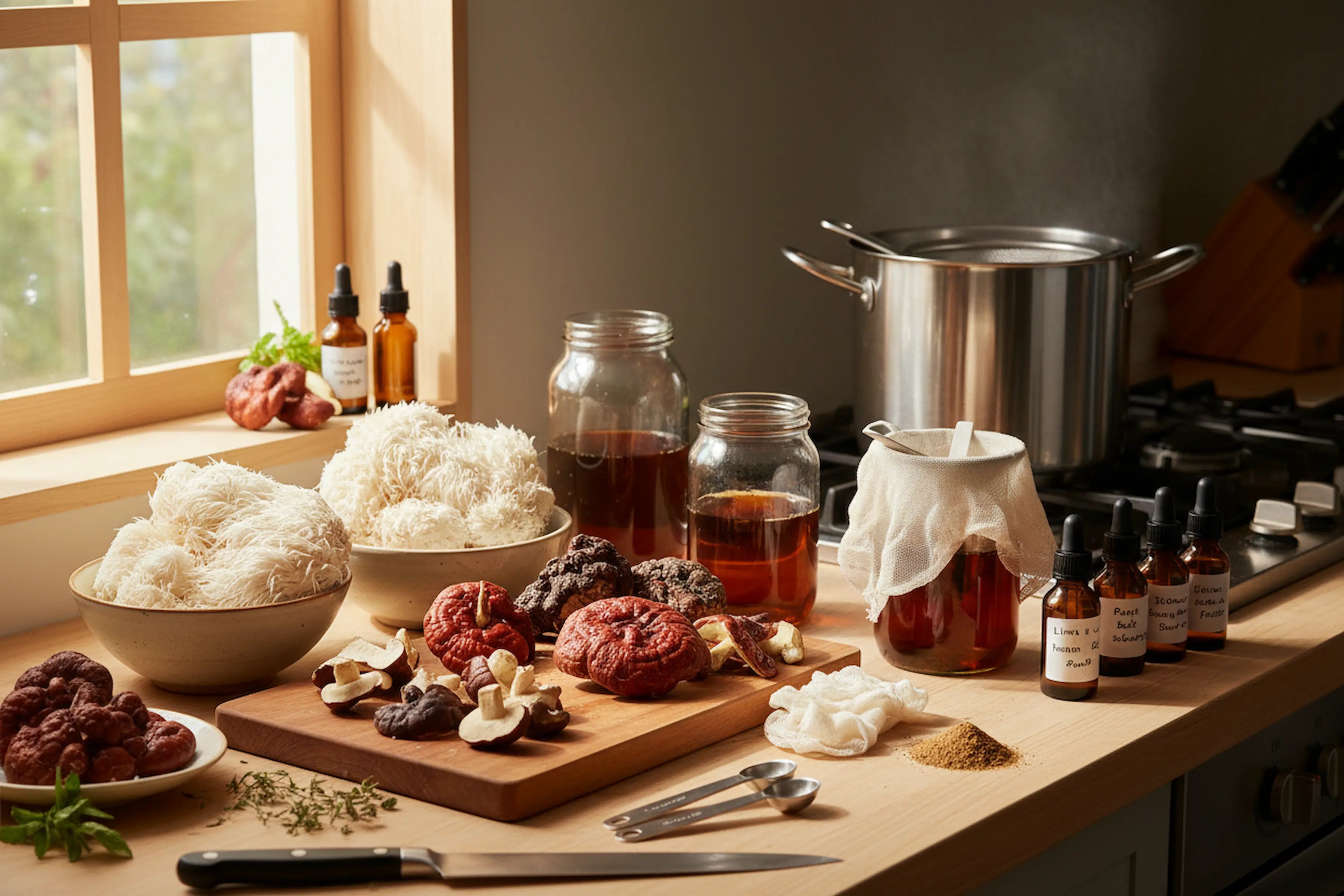 Kitchen counter with mushrooms and cooking equipment, including jars, a pot, and various bottles.