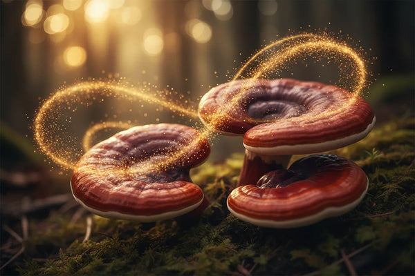 Mushrooms with glowing effects on a forest floor