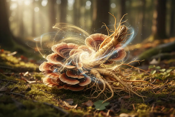 Mushrooms with glowing energy effect in a forest setting